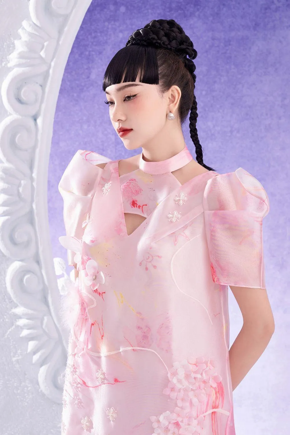 Elmer Straight Choker Neck Organza Midi Dress