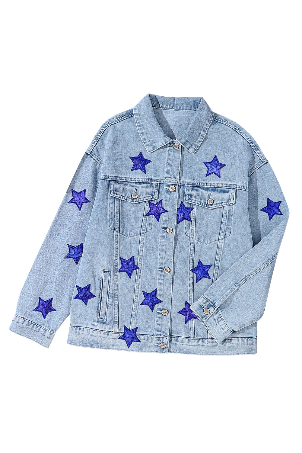 Light Blue Sequin Star Flap Pocket Denim Jacket