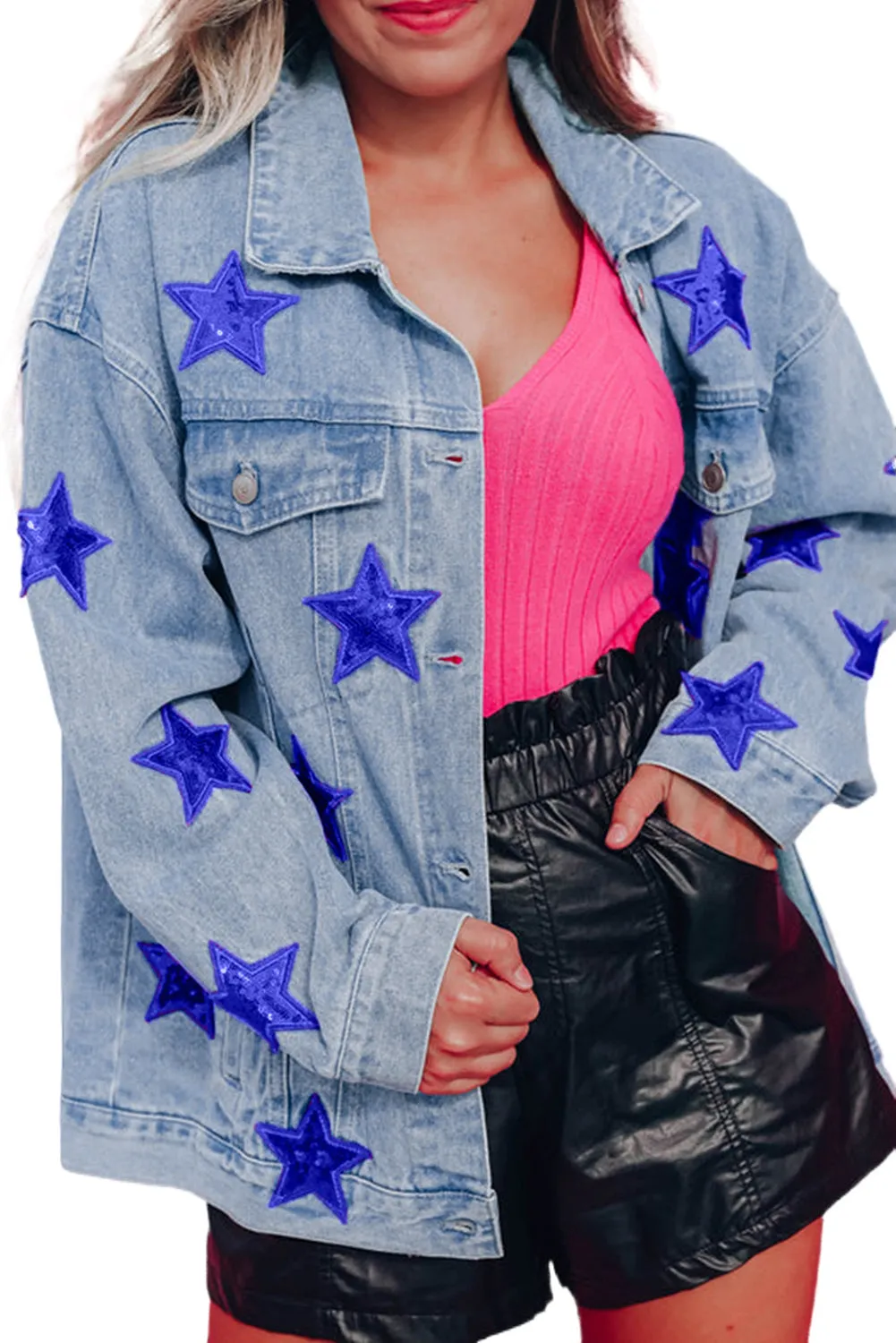 Light Blue Sequin Star Flap Pocket Denim Jacket