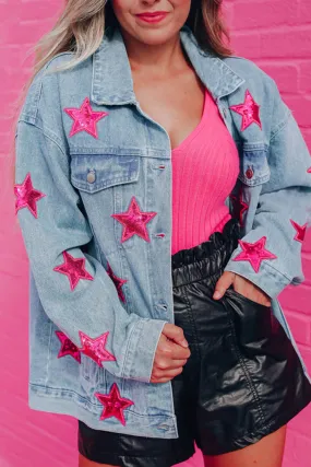 Light Blue Sequin Star Flap Pocket Denim Jacket