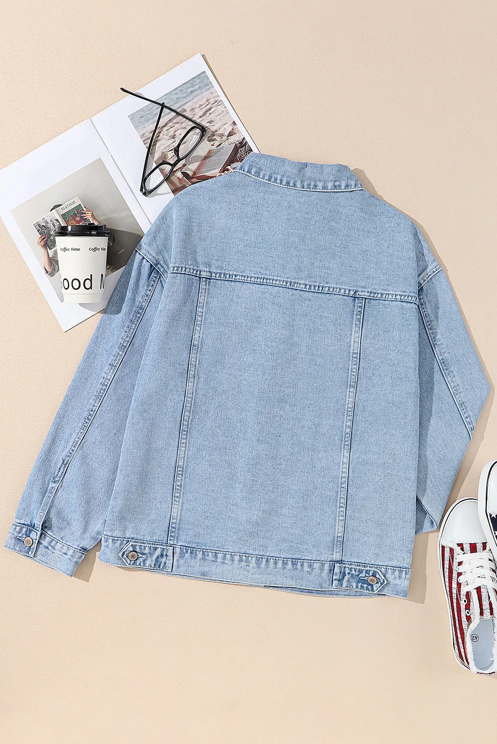 Light Blue Sequin Star Flap Pocket Denim Jacket