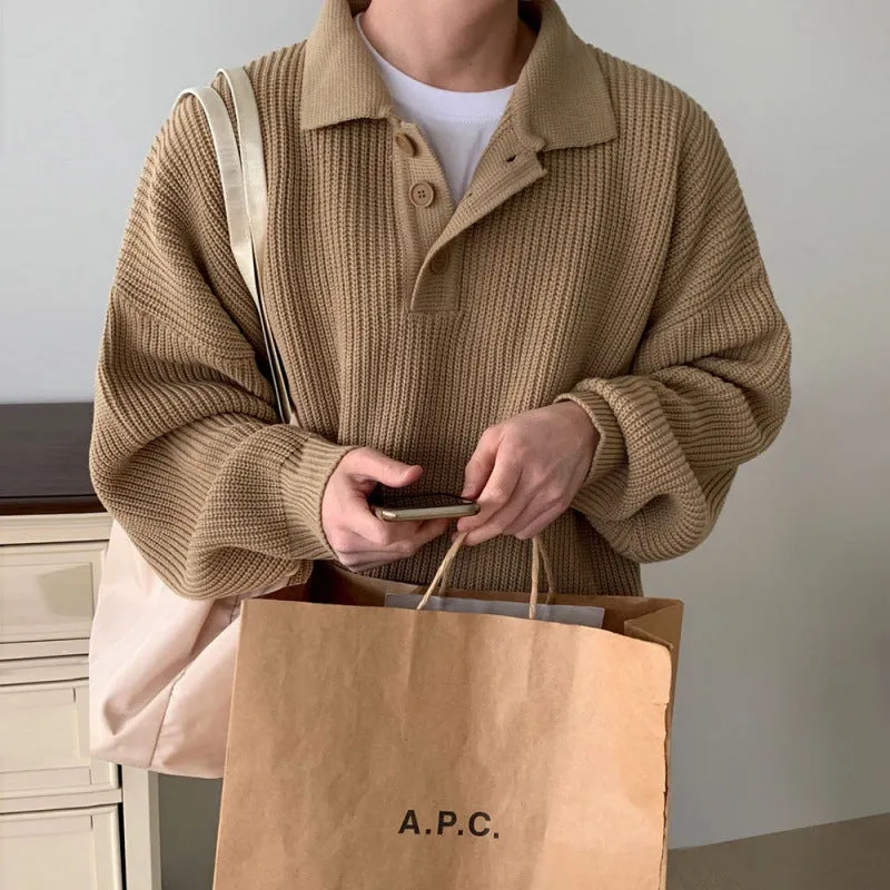 Riolio men winter outfits All-Match Polo Collar Long-Sleeved Sweater Men's Autumn New Korean Style Loose Lapel Sweater Top