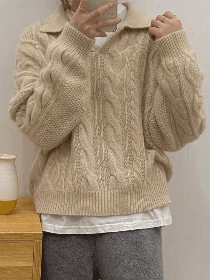 Wenkouban-Spring Casual Outfits Y2K Outfits Polo Neck Cable Knit Sweater