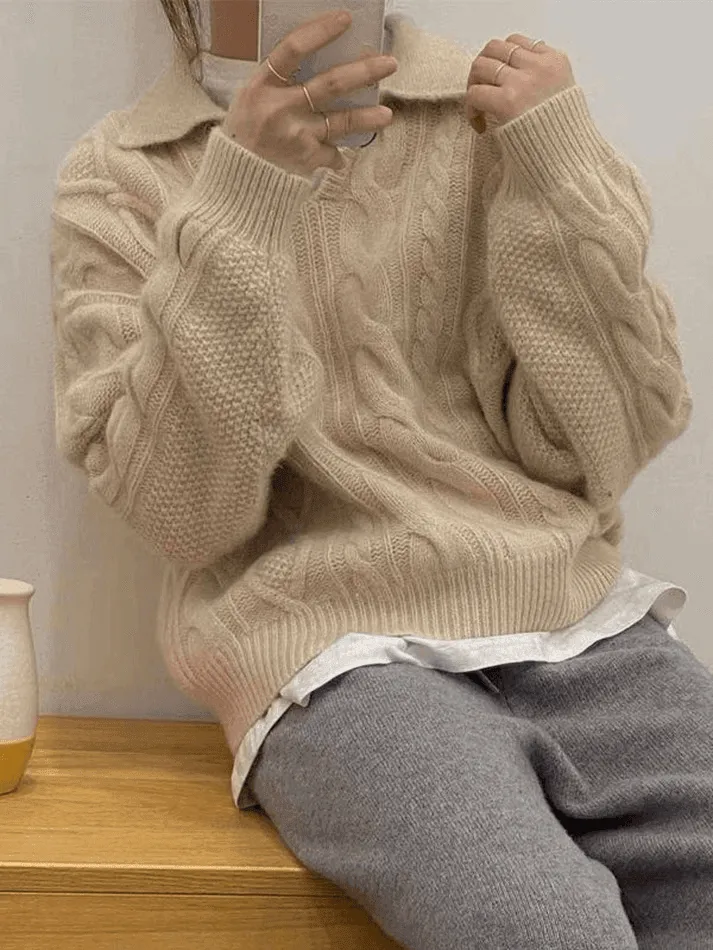 Wenkouban-Spring Casual Outfits Y2K Outfits Polo Neck Cable Knit Sweater