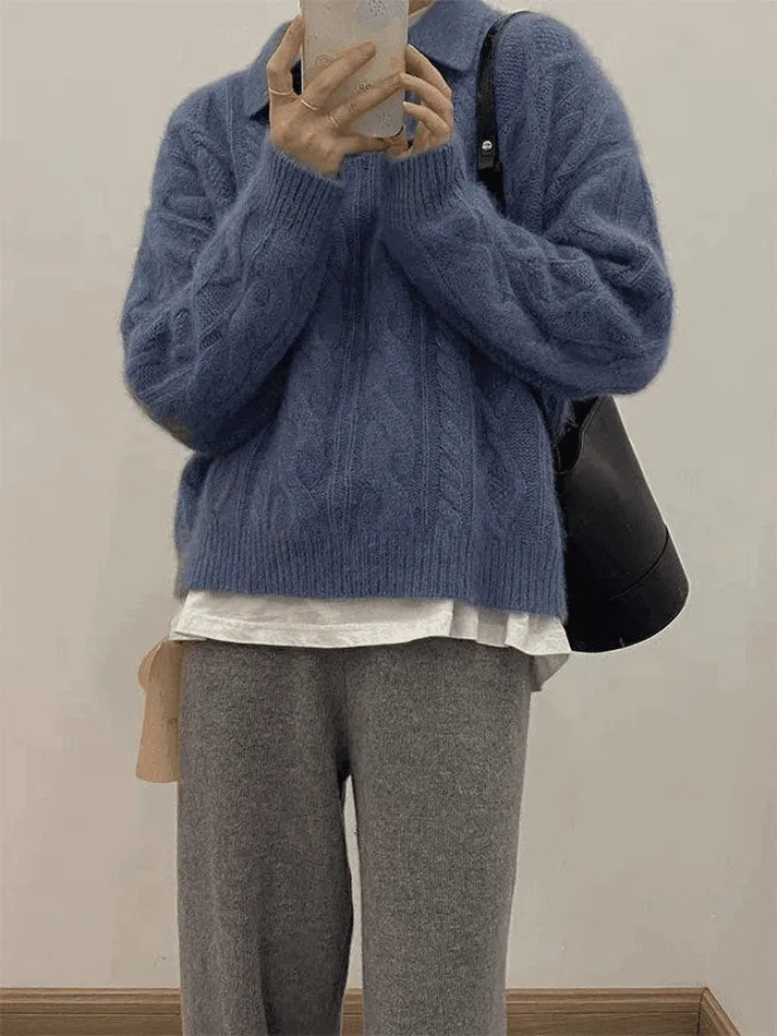 Wenkouban-Spring Casual Outfits Y2K Outfits Polo Neck Cable Knit Sweater